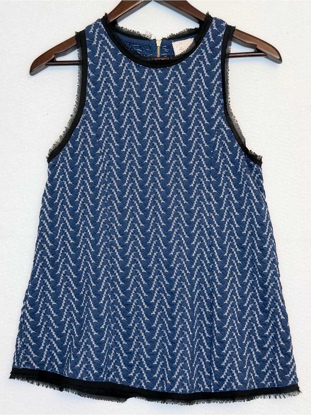 Anthropologie 9-H15 Stcl XS Blue Jacquard Sleeveless Tunic Top Fringe Zip Back